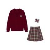 Dark Red 100% cotton Sweater Cardigan+Festive Lanterns Checkered Skirt+Matching Checkered Bow Ties