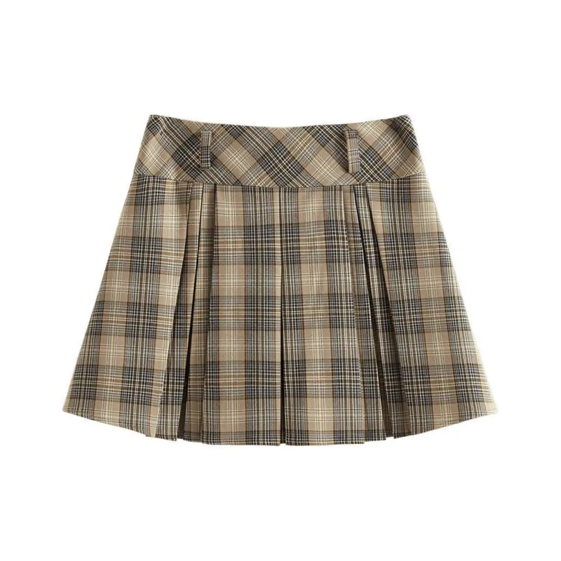 FANSILANEN Casual Short Skirts Women's Khaki Plaid-0