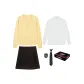 (Gift Box Set) Yellow Sweater+Embroidery Badge+Long-Sleeved White Shirt+Dark Coffee Pleated Skirt+Coffee Striped Tie