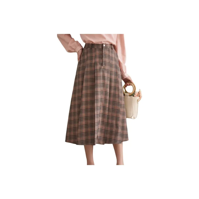 MISHOW SS24 Casual Long Skirts Women's Coffee Plaid-0