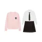 Pink Sweater+Embroidery Badge+Long-Sleeved White Shirt+Dark Coffee Pleated Skirt+Coffee Striped Tie