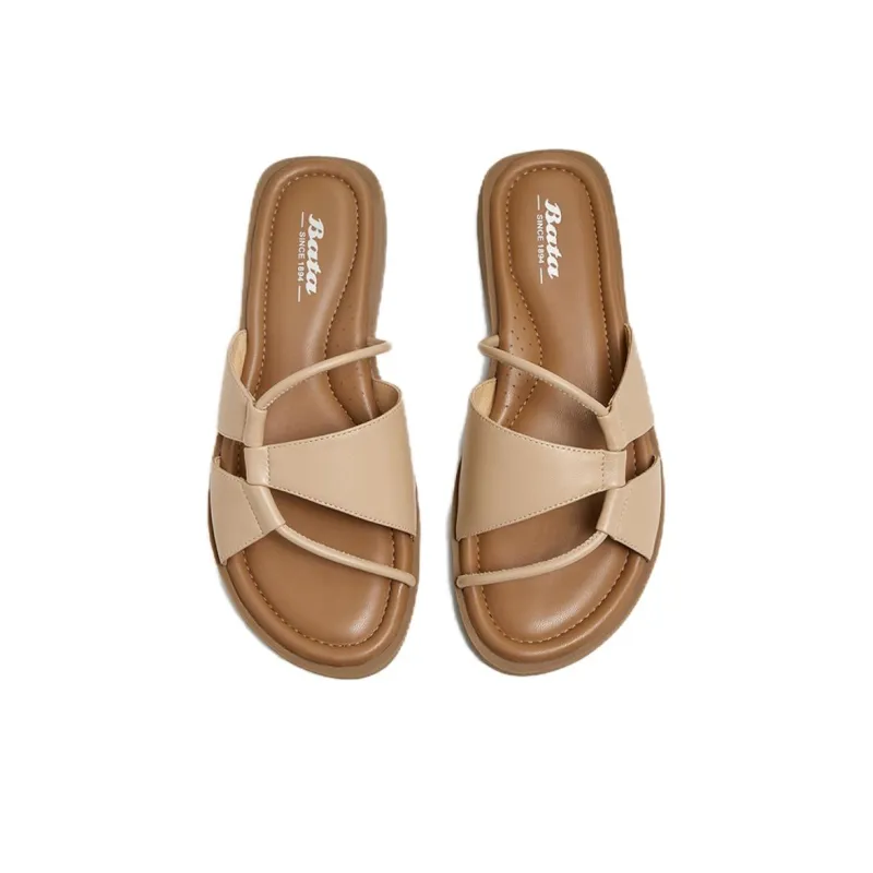 BATA Rubber Sole Leather Patchwork Quiet Slip Resistant Slide Slippers Women's-6
