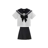 Black Collar Short-Sleeved Shirt+Black Short Skirt+Black Bowknot