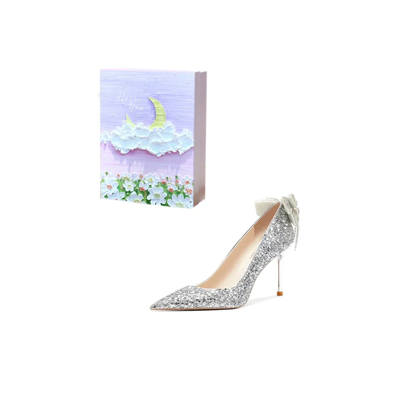 ROBINHOOD Castle Exclusive 3D Box Slim Heel High Heels Women's Silver-5