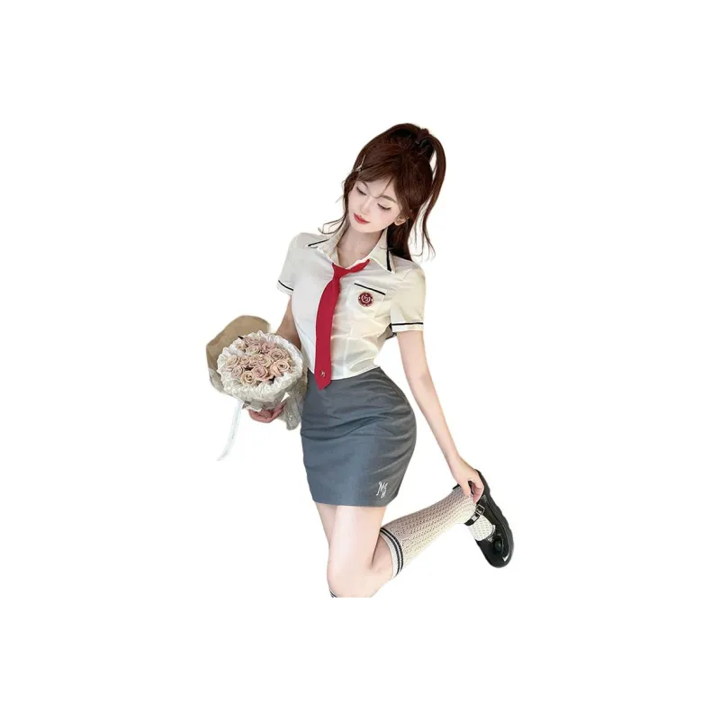 DGMZ Uniforms Women's White Top+Gray Skirt Set-0