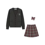 Dark Gray 100% cotton Sweater Cardigan+Festive Lanterns Plaid Skirt+Matching Plaid Bow Ties