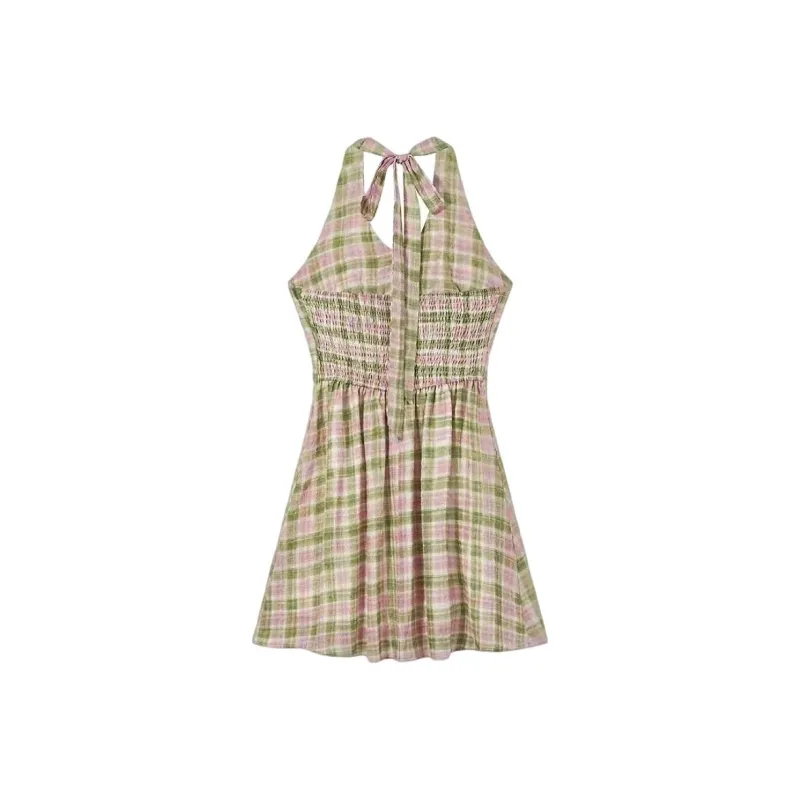 DOSOHEB Slip Dresses Women's Green Plaid Skirt-1