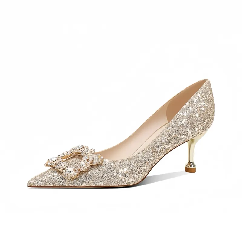 Crelinkxlat Pointed Toe Luxury Style Rhinestone Square Buckle Slim Heel High Heels Women's-13
