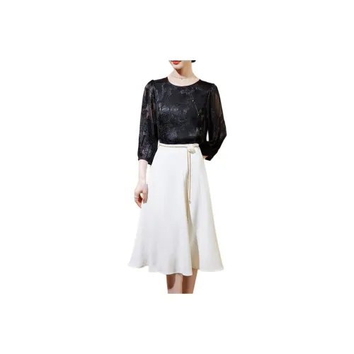 Hang Yi Court Casual Long Skirt Women's White