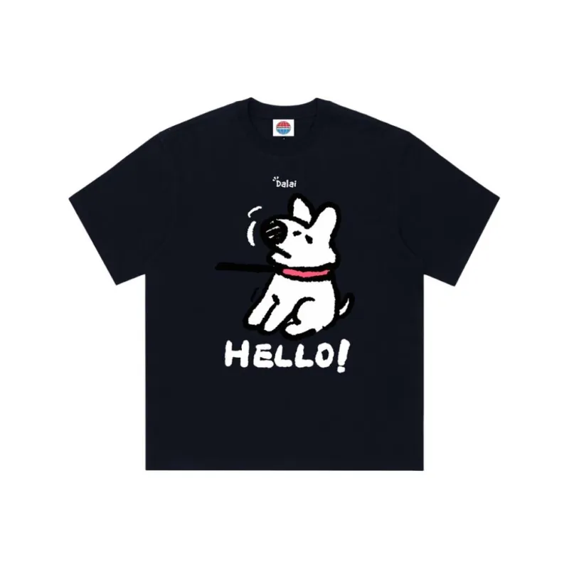 FNI American Trendy Texture Stylish Puppy Cartoon Print Loose Fit Casual Lazy Crew Neck T Shirt Unisex-2