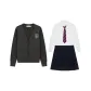 Dark Gray Sweater+Embroidery Badge+Long-Sleeved White Shirt+Black Pleated Skirt+Red and Blue Striped Tie
