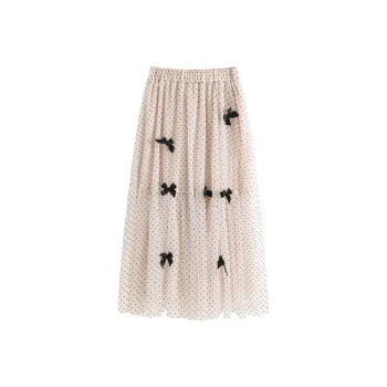 SUBEN Casual Long Skirts Women's Beige Polka Dots