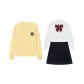 Yellow Sweater+Embroidery Badge+Long-Sleeved White Shirt+Black Pleated Skirt+Burgundy Feather Bow Tie