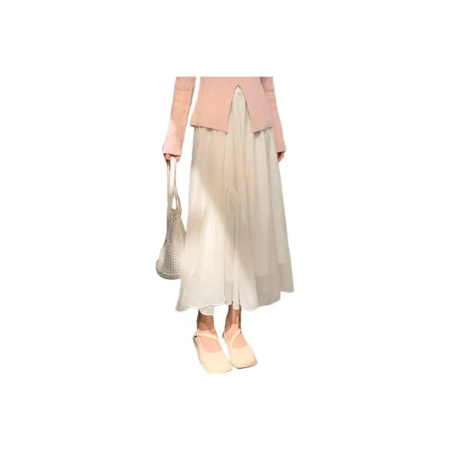 QIANGKOUPAOCAI Casual Long Skirts Women's Light Apricot