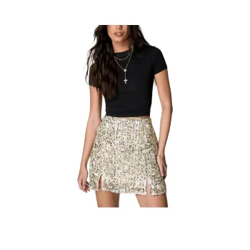 NASTY GAL Check Sequin Split Mini Skirt Casual Short Skirts Women's Gold