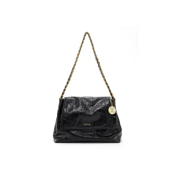 Simedin Top Grain Cow Leather Shoulder Bag Large Size Women's Deep Black/Ecru
