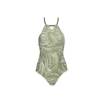 Selmark Women's Geometric Pattern Open Back Triangle One Piece Swimsuit Beige