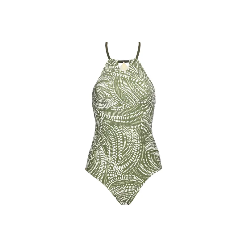 Selmark Women's Geometric Pattern Open Back Triangle One-Piece Swimsuit Beige-0