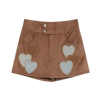 ELF SACK Heart Embroidered Khaki Suede A Shape Half Length Skirt Women's