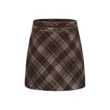 CHIWAWAMEME Casual Short Skirts Women's Hazelnut Coffee Plaid