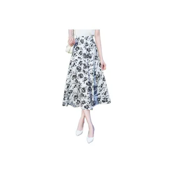 Mo Han Yi Mei Casual Long Skirt Women's White With Black Floral