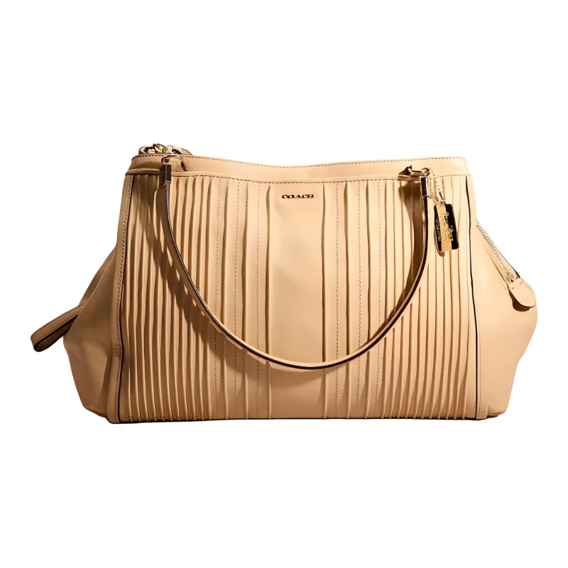 COACH Madison Fine Pleated Leather Tote Bag Shopping Bag Handbag Large Size Women's Light Gold & Brown Umber-0