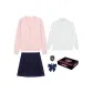 (Gift Box Set) Pink Sweater+Embroidery Badge+Long-Sleeved White Shirt+Dark Blue Pleated Skirt+Dark Blue Feather Bow Tie