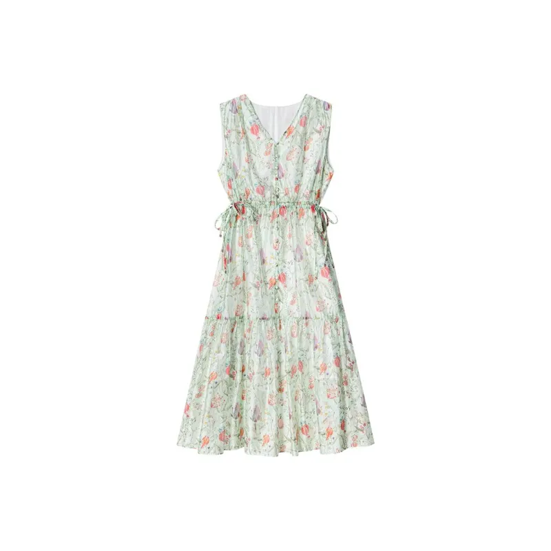 XIRAN Sleeveless Dress Women's Apricot Base With Colorful Blossoms-0
