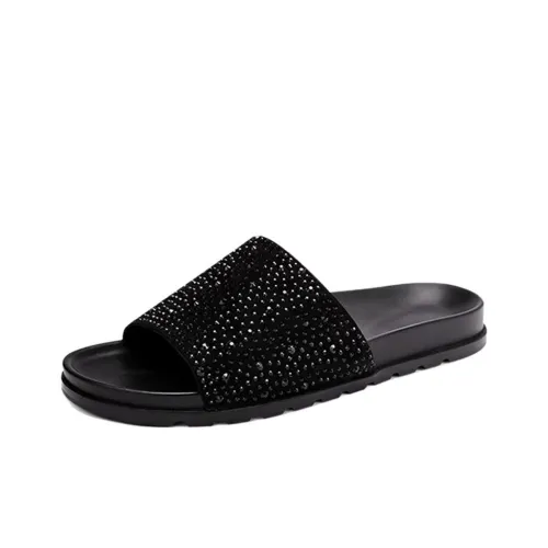Voguhomme Rhinestone Slip Resistant Slide Slippers Men's Black