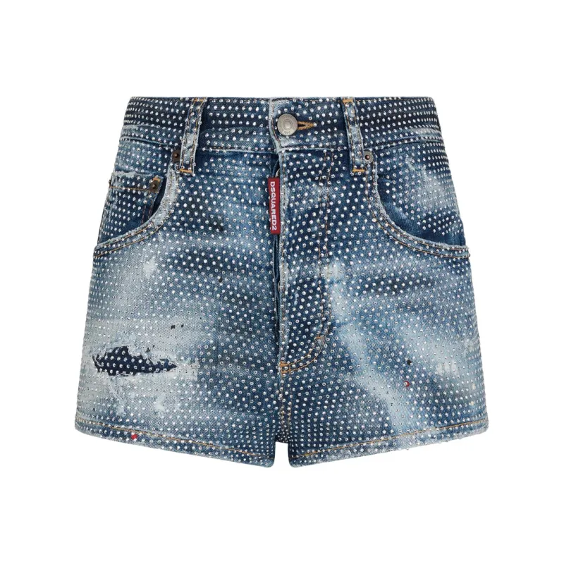 DSQUARED 2 Rhinestone-embellished Denim Mini Shorts-0