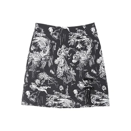 SETIROM Casual Short Skirts Women's Black With White Floral-0