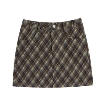Love To Serve Casual Short Skirts Women's Blue Coffee Plaid