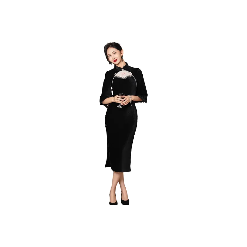 Red Colored Clothes Cheongsam Women's Black-0