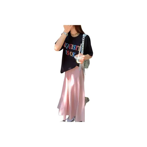 QIANGKOUPAOCAI Casual Long Skirts Women's Pink