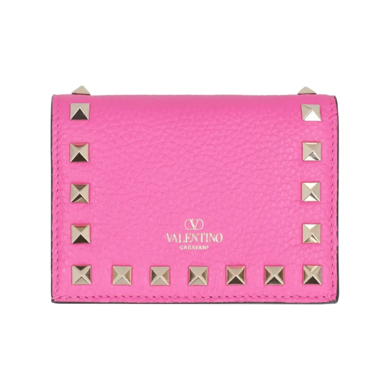 Valentino ROCKSTUD Calfskin Wallet Small Size Women's Pink-0
