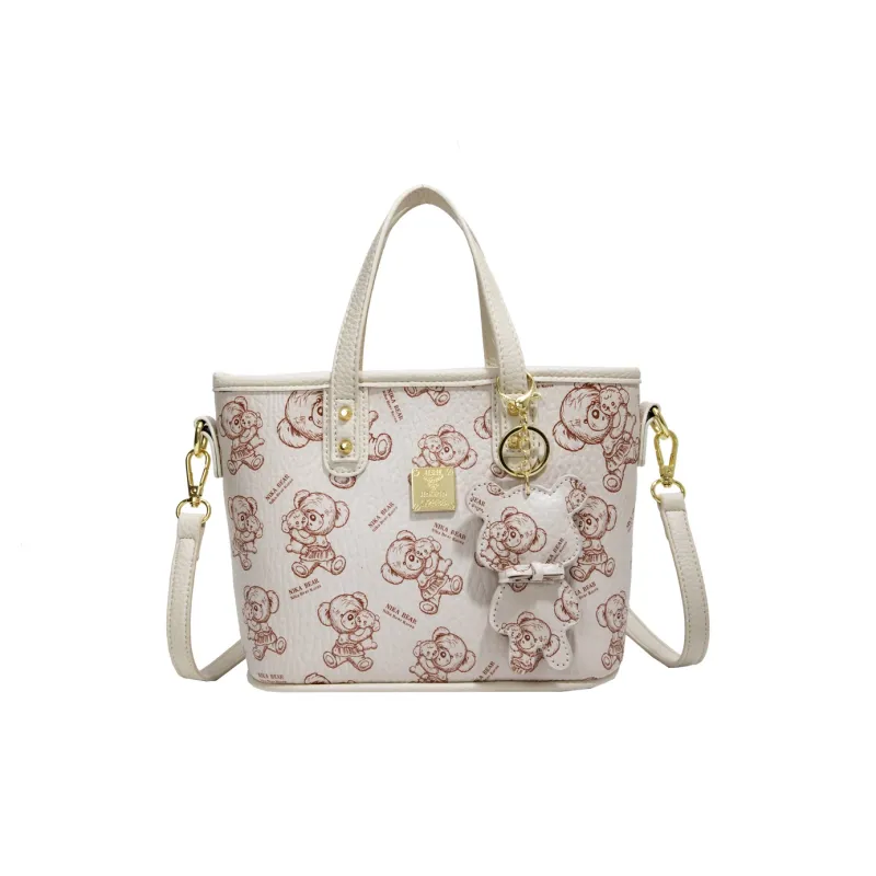 Miss Angel PU Tote Shoulder Bag, Crossbody Bag, Handbag Unisex White/Pink/Brown-0