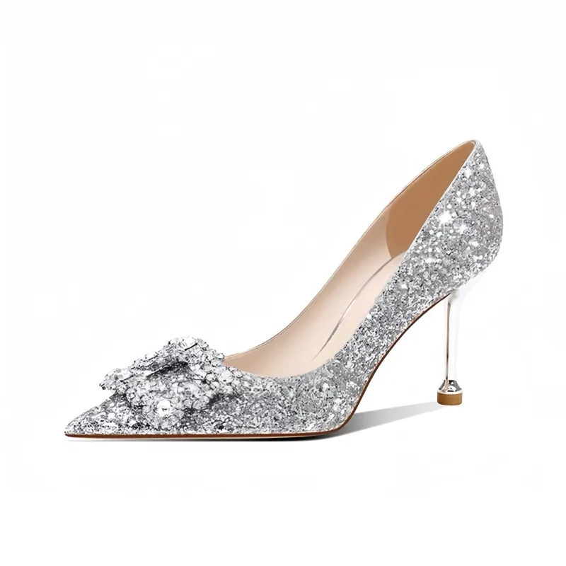 Crelinkxlat Pointed Toe Luxury Style Rhinestone Square Buckle Slim Heel High Heels Women's-8