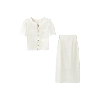 FAIRWHALE Elegance Slim Fit Short Sleeved Top+Skirt Set Women's Apricot