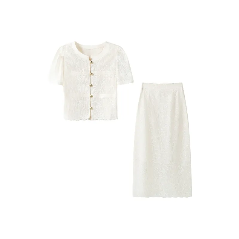 FAIRWHALE Elegance Slim Fit Short Sleeved Top+Skirt Set Women's Apricot-0