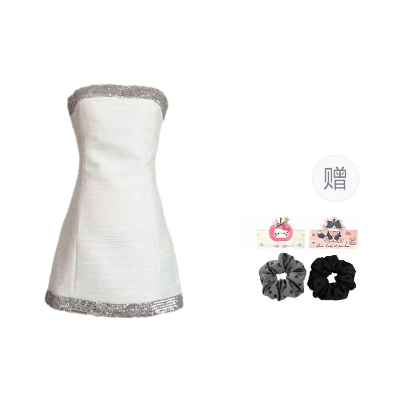 YAUH Sleeveless Dresses Women's White Strapless Top Chanel Inspired Dress-0