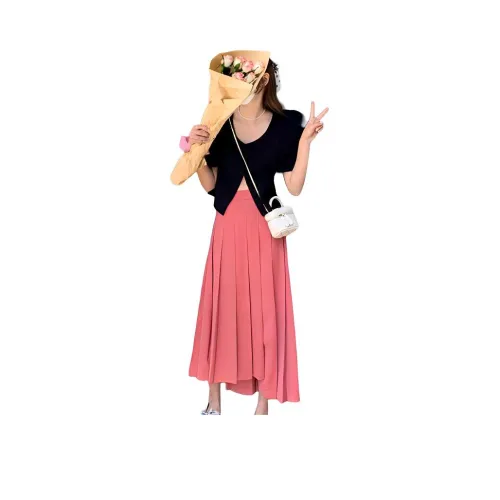 QIANGKOUPAOCAI Casual Long Skirts Women's Rose Red