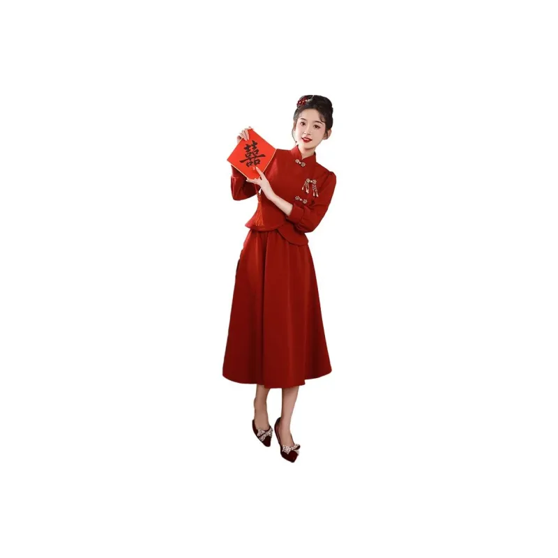 Red Colored Clothes Cheongsam Women's Burgundy-0