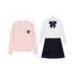 Pink Sweater+Embroidery Badge+Long-Sleeved White Shirt+Dark Blue Pleated Skirt+Dark Blue Feather Bow Tie