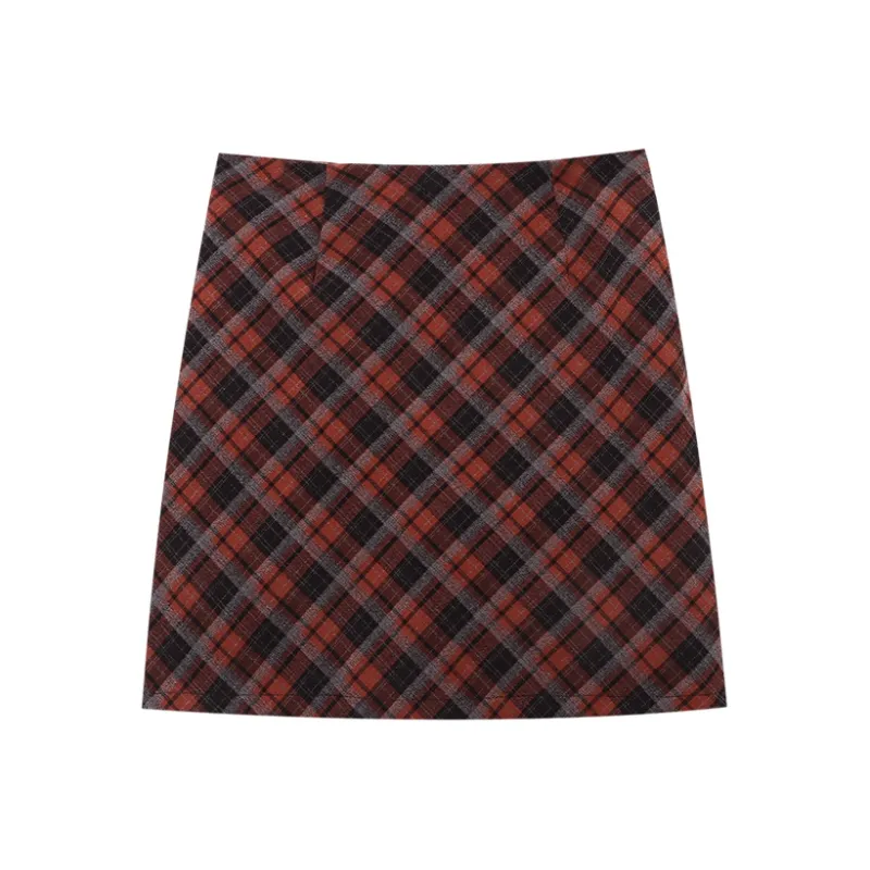 CHARM PICK Casual Short Skirts Women's Orange Red Plaid-0