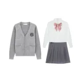 Light Gray Sweater+Embroidered Badge+Long-Sleeved White Shirt+Gray Pleated Skirt+Pink Magic Cube Pattern Bow Ties