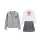 Light Gray Sweater+Embroidery Badge+Long-Sleeved White Shirt+Gray Pleated Skirt+Pink Magic Cube Bow Tie