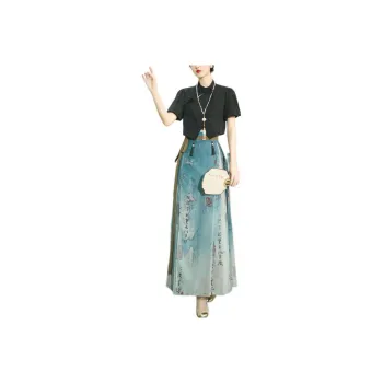 SONDR Two Piece Skirt Sets Women's Black Top+Calligraphy Artworks By Mamianqun