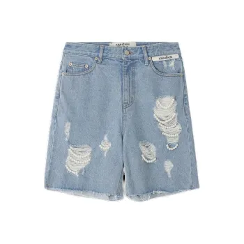 KIMHEKIM SS24 PEARL EMBELLISHED DESTROYED SHORTS Denim Shorts Women's SKY BLUE/Sky Blue