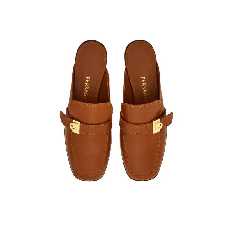 FERRAGAMO Hug Rubber Sole Quiet Closed Toe Slippers Women's Brown-3