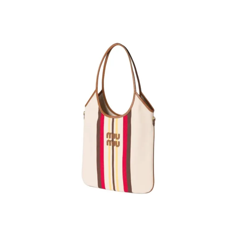 MIU MIU Ivy Leather Paneled Canvas Tote Bag, Shopping Bag, Portable Canvas Bag, Shoulder Bag Women's Natural-1